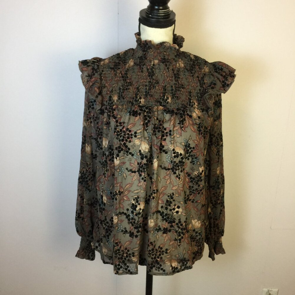 Knox Rose Blouse Top XS Womans Blue Pink Floral Long Sleeve Mocked Neck Ruffle